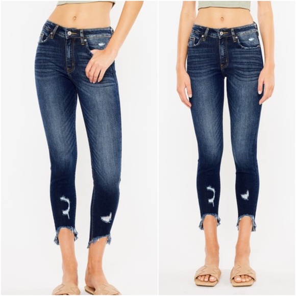 031 Kancan Dark Wash Distressed Raw Hem Skinny Denim Jeans - Picture 2 of 6